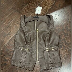 7 for all Mankind Brown Leather Vest Gold Accent Houndstooth Women Size Medium